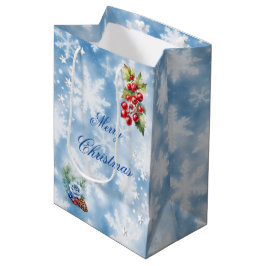 Bolsa De Regalo Mediana Blue White Snowflake Holly Berries Feliz Navidad