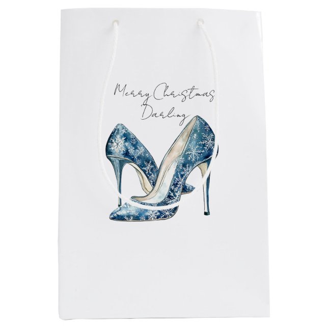 Bolsa De Regalo Mediana Blue White Snowflakes High Heels Christmas (Anverso)