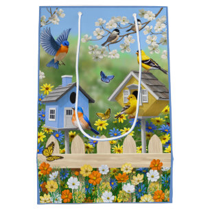 Bolsa De Regalo Mediana Bluebirds Goldfinches Birdhouses Flower Garden