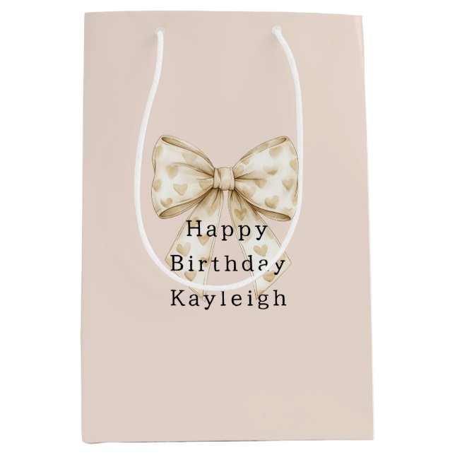 Bolsa De Regalo Mediana Blush Cream Hearts Bows Birthday (Anverso)