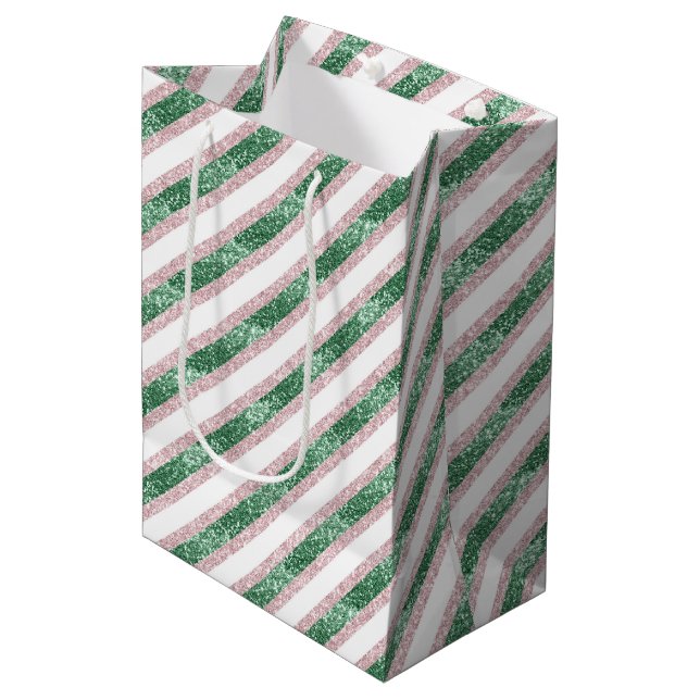 Bolsa De Regalo Mediana Blush Pink Green Glitzy Stripes Christmas (Angulo Anverso)