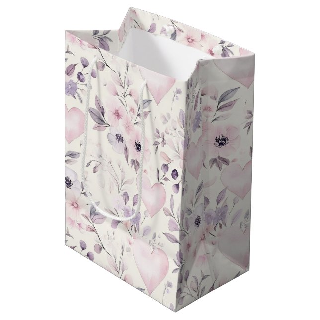 Bolsa De Regalo Mediana Blush Pink Hearts Purple Flowers Birthday (Angulo Anverso)