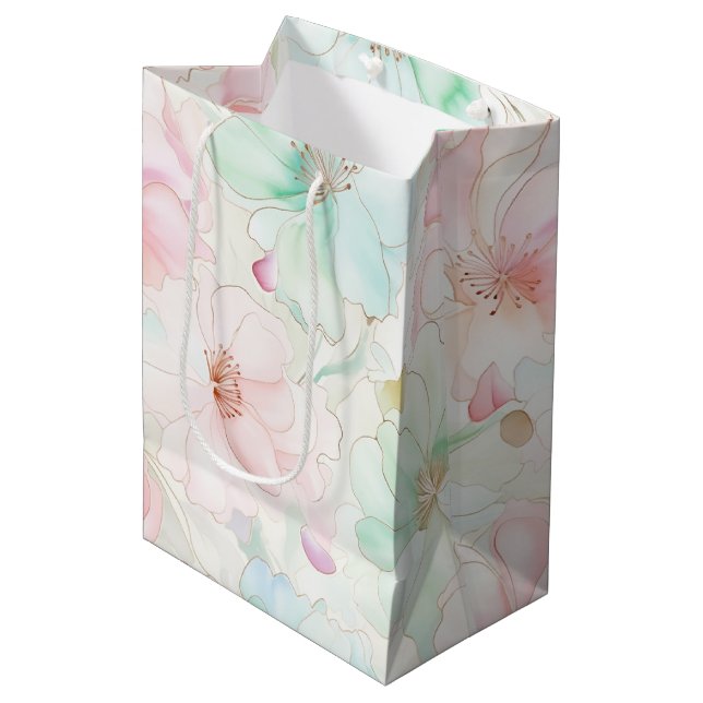 Bolsa De Regalo Mediana Blush Pink Mint Flowers Birthday (Angulo Anverso)