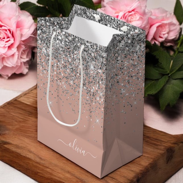 Bolsa De Regalo Mediana Blush Rosa Plata Purpurina Monograma Femenino Dora (Subido por el creador)