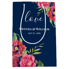 Bolsa De Regalo Mediana Boda a favor de la Marina Oscura, flor roja y rosa