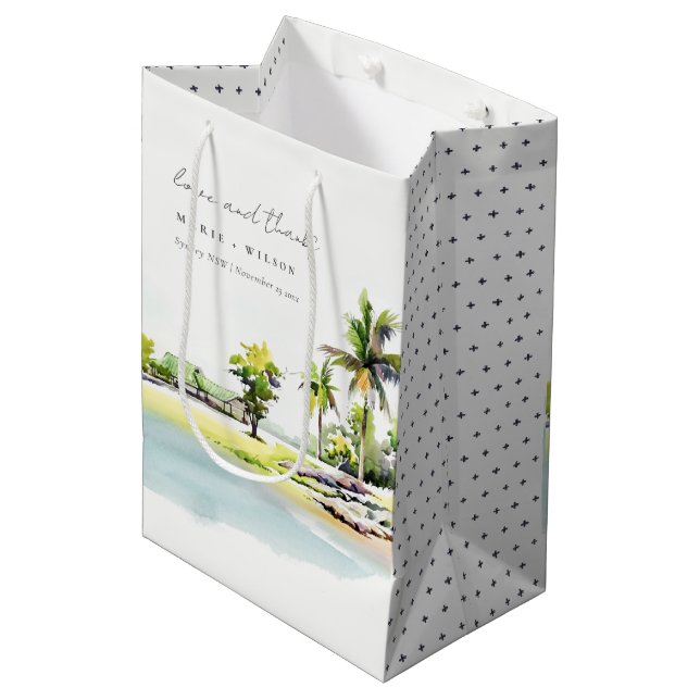 Bolsa De Regalo Mediana Boda de acuarela de palmeras costeras tropicales (Angulo Anverso)