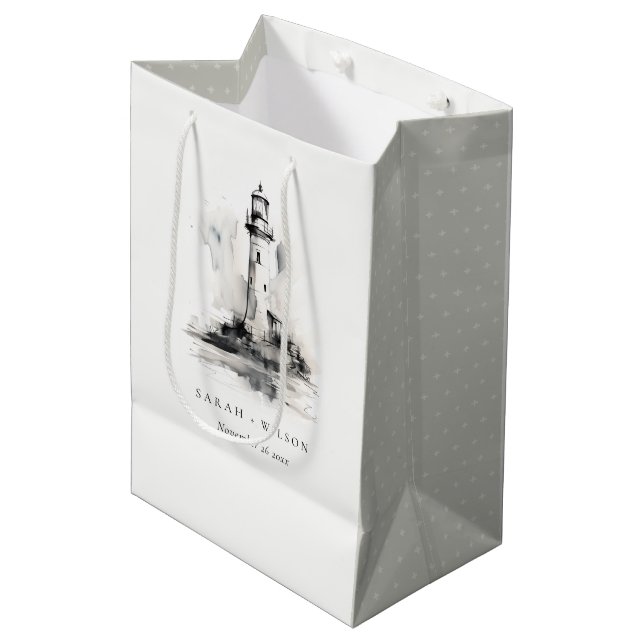 Bolsa De Regalo Mediana Boda de boceto náutico del faro blanco y negro (Angulo Anverso)