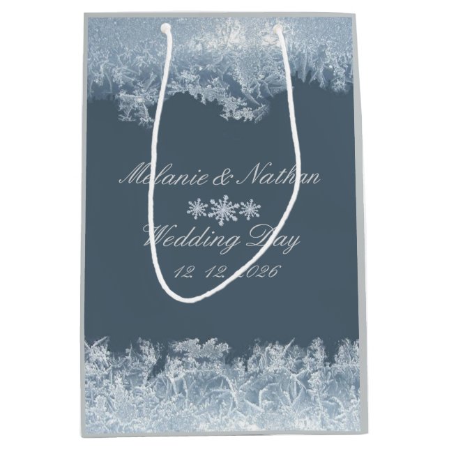 Bolsa De Regalo Mediana Boda de invierno azul escarchado personalizada (Anverso)