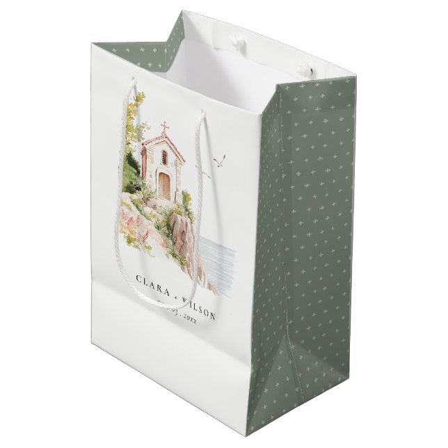 Bolsa De Regalo Mediana Boda de la Iglesia Católica de la Acuarela Costera (Angulo Anverso)