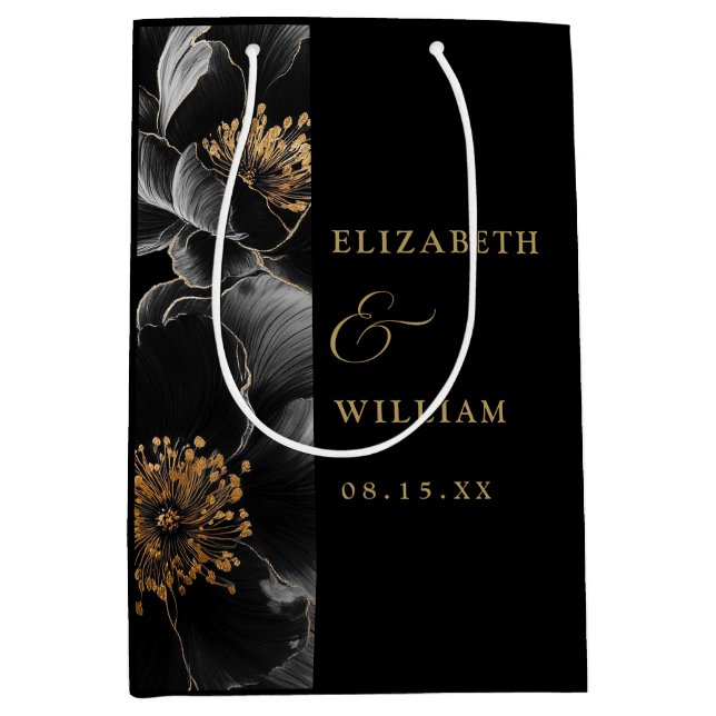 Bolsa De Regalo Mediana Boda De Moda Floral Moderna Con Elegancia Negra Y  (Anverso)