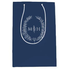 Bolsa De Regalo Mediana Boda de monograma oval de hoja azul oscuro con hoj