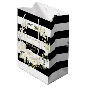 Bolsa De Regalo Mediana Boda de rayas de flores blancas de color agua