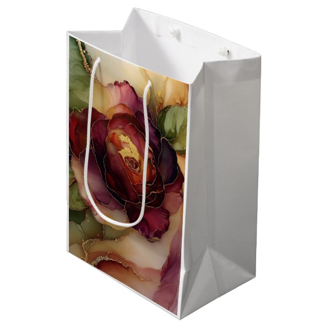 Bolsa De Regalo Mediana Boda de Rosa Roja Borgoña Dorada Floral (Angulo Anverso)