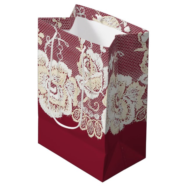 Bolsa De Regalo Mediana Boda floral de encaje blanco de crema roja románti (Angulo Anverso)