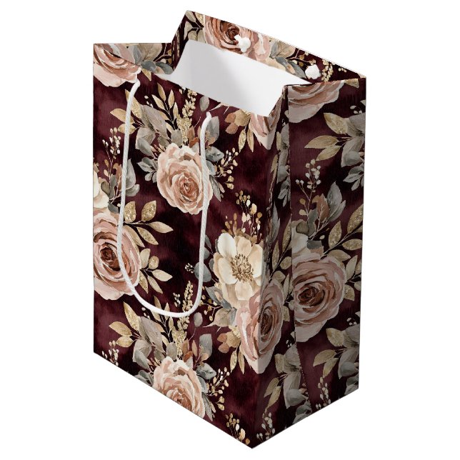 Bolsa De Regalo Mediana Boda floral de Rubor rojo borgoña (Angulo Anverso)
