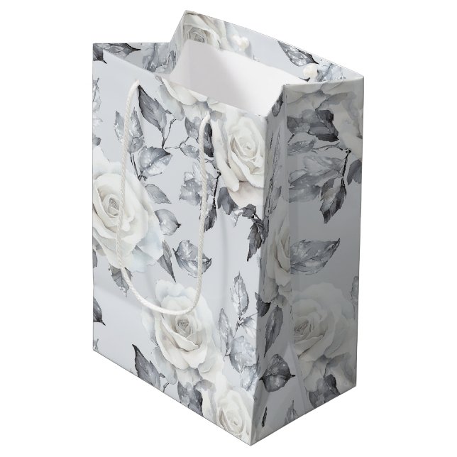Bolsa De Regalo Mediana Boda floral gris plata blanco chic (Angulo Anverso)