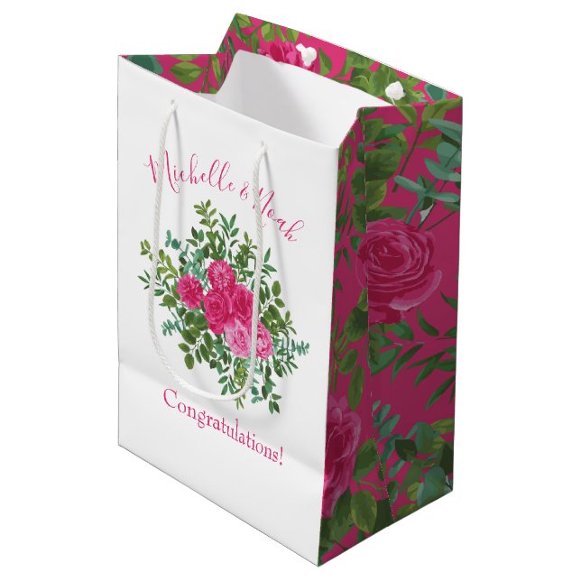 Bolsa De Regalo Mediana Boda floral rosa brillante (Angulo Anverso)