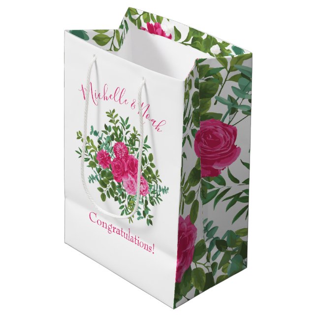 Bolsa De Regalo Mediana Boda floral rosa brillante (Angulo Anverso)