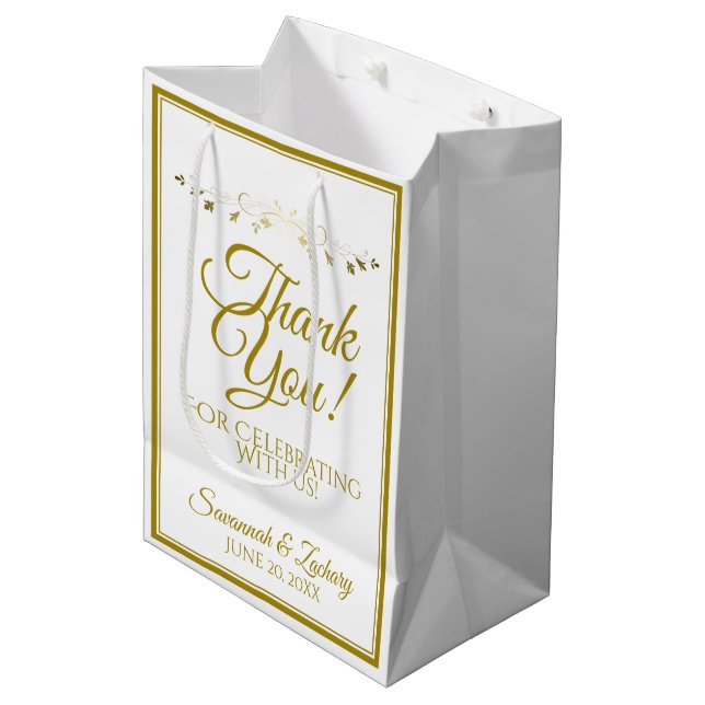 Bolsa De Regalo Mediana Boda Flouriant de Oro y Blanco Gracias (Angulo Anverso)