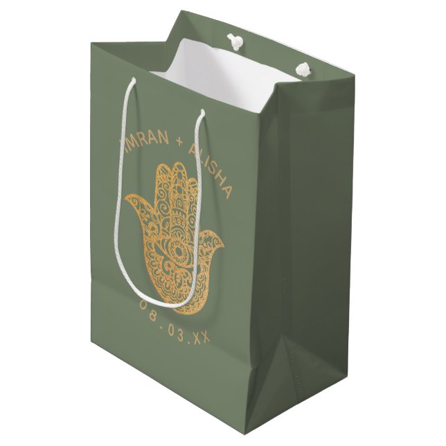 Bolsa De Regalo Mediana Boda indio Gold Sage Green hamsa Henna (Angulo Anverso)