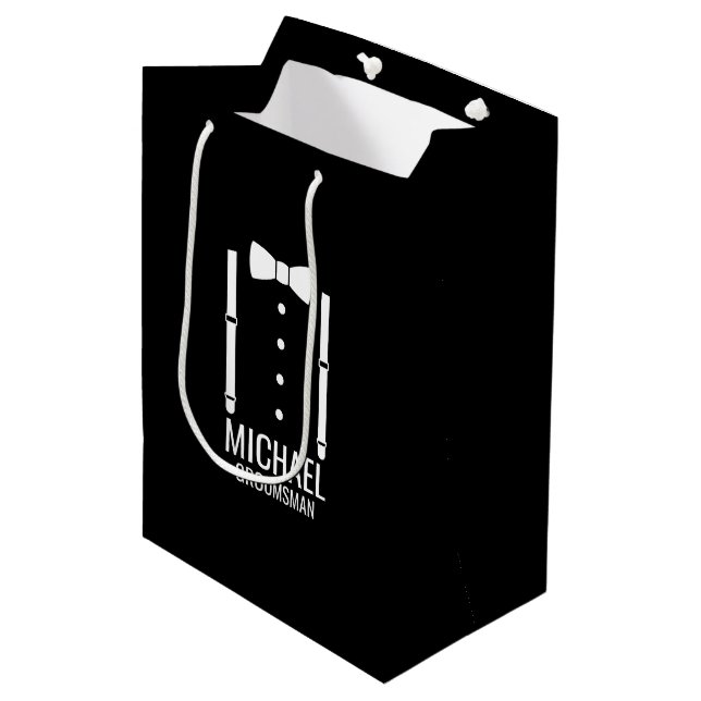 Bolsa De Regalo Mediana Boda negro Bow Tie Personalizado Groomsmen (Angulo Anverso)