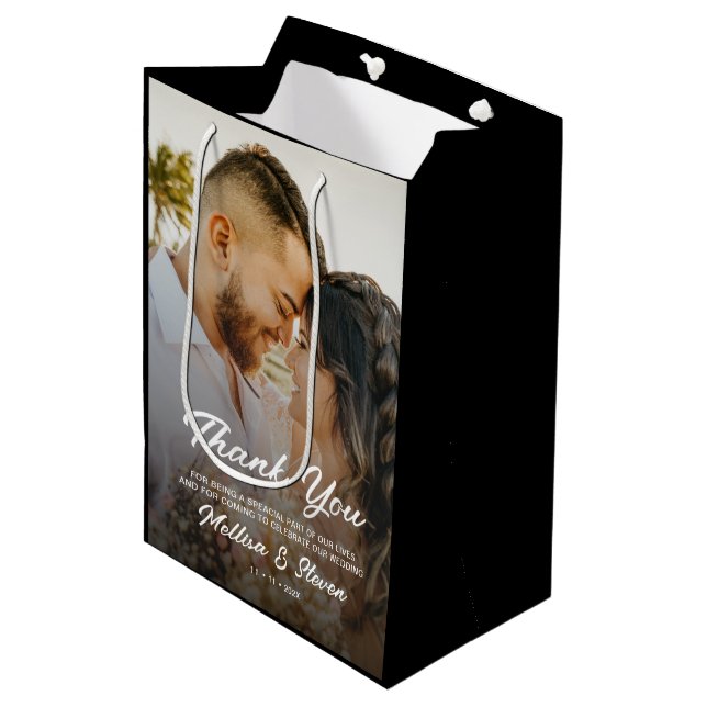Bolsa De Regalo Mediana Boda negro fotográfico moderno Gracias (Angulo Anverso)