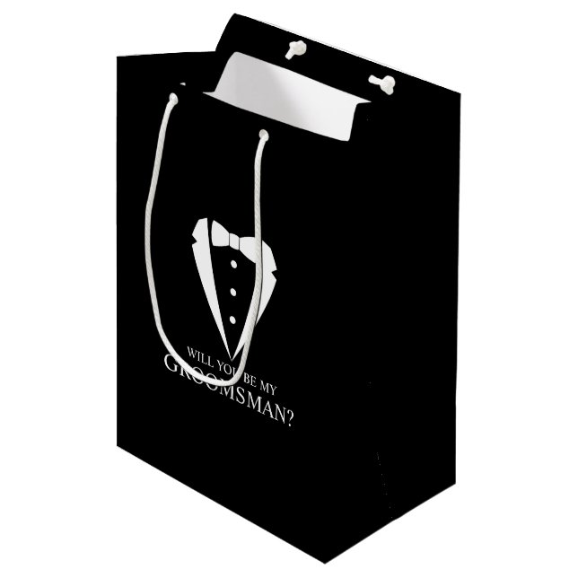 Bolsa De Regalo Mediana Boda negro Tuxedo Suit Groomsman Propuesta (Angulo Anverso)