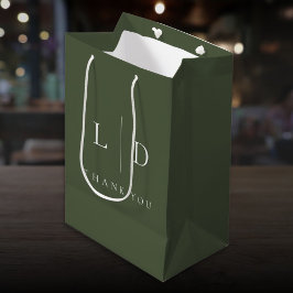 Bolsa De Regalo Mediana Bodas Elegantes Minimalistas de Monograma Verde Ol