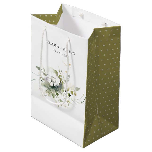 Bolsa De Regalo Mediana Boho moderno Resumen Boda floral blanca verde (Angulo Anverso)