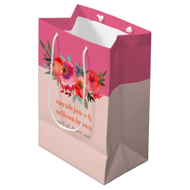 Bolsa De Regalo Mediana Boho Naranja rosa caliente acuarela Boda floral (Angulo Anverso)