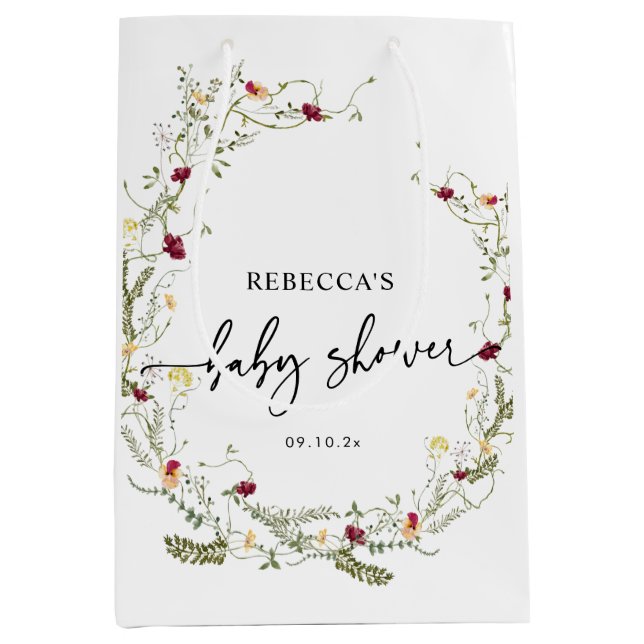 Bolsa De Regalo Mediana Boho Watercolor Wildflowers Baby Shower (Anverso)