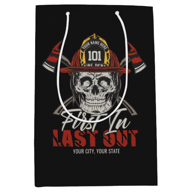 Bolsa De Regalo Mediana Bombero personalizado nombre Primero en entrar últ (Anverso)