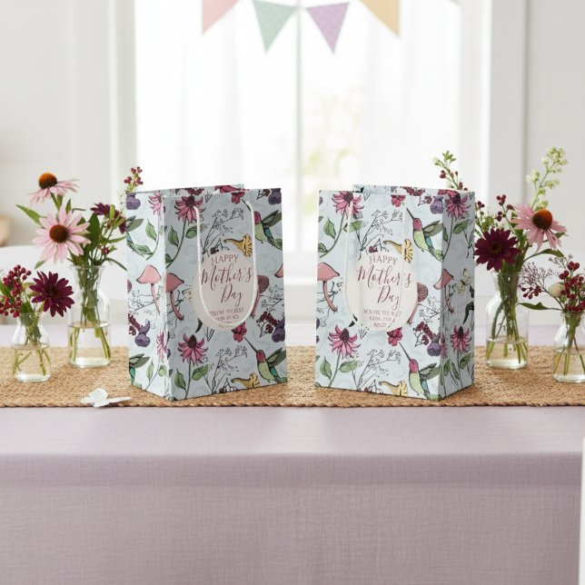 Bolsa De Regalo Mediana Bonito Blue Happy Mothers Day Hummingbird Garden (Colorful Hummingbird & Flowers Gift Bag for Her. Cute Blue Hummingbirds Floral Mother's Day Pattern)