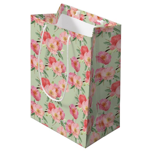 Bolsa De Regalo Mediana Bonito Pink Garden Flores Acuarela (Angulo Anverso)