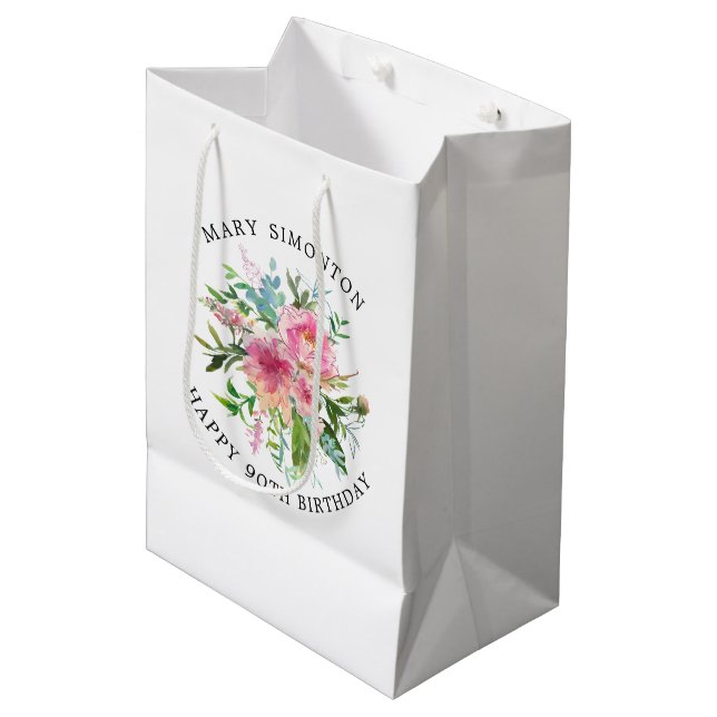 Bolsa De Regalo Mediana Bonito Pink Peony Floral 90 cumpleaños (Angulo Anverso)