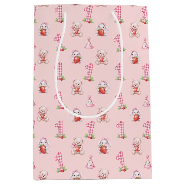 Bolsa De Regalo Mediana Bonito Rosa Gingham, Bunnies y Osos! (Anverso)