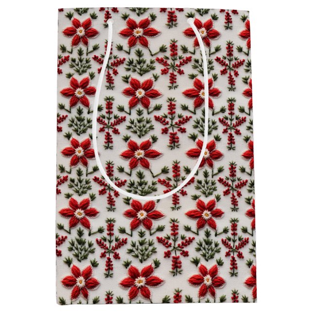 Bolsa De Regalo Mediana Bordados florales rojos y blancos (Anverso)