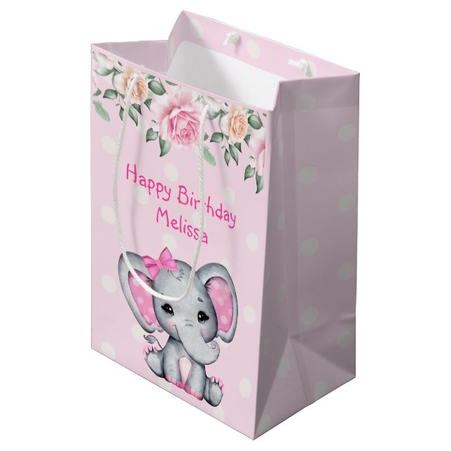 Bolsa De Regalo Mediana Borde de elefante pequeño y rosado y Rosa (Angulo Anverso)