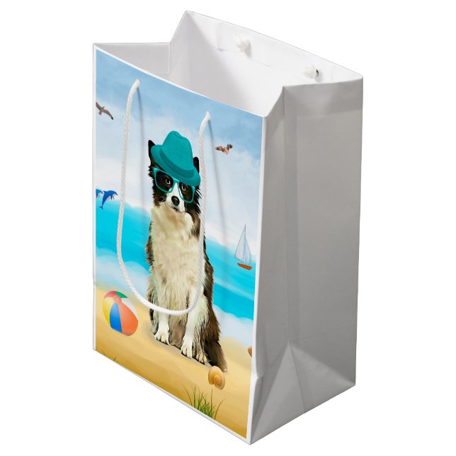 Bolsa De Regalo Mediana Borde de Perro Collie en la playa (Angulo Anverso)