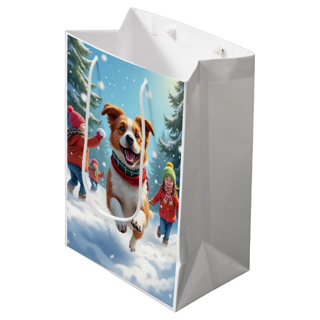 Bolsa De Regalo Mediana Border Terrier Snowball Fight Christmas Painting (Angulo Anverso)