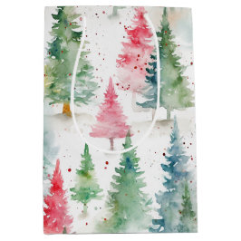 Bolsa De Regalo Mediana Bosque, Pinos Verdes Rojo Fiesta