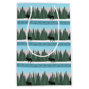 Bolsa De Regalo Mediana Bosque Sunrise con papel de envolver de alces y pe