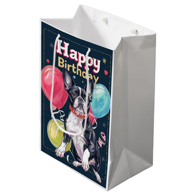 Bolsa De Regalo Mediana Boston Terrier con globos (Angulo Anverso)