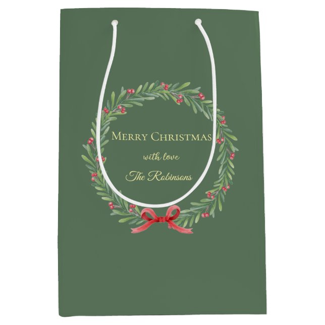 Bolsa De Regalo Mediana Botanical Christmas Wreath Modern Script (Anverso)