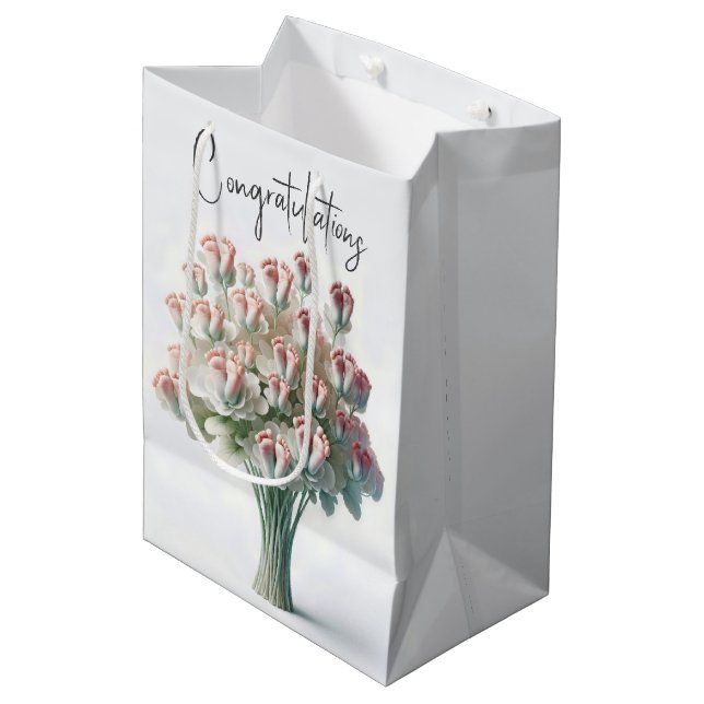 Bolsa De Regalo Mediana Bouquet De Flores Con Pies De Bebé Rosa (Angulo Anverso)