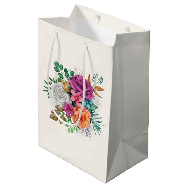 Bolsa De Regalo Mediana Bouquet floral rosa, Naranja y rosas blancas (Angulo Anverso)