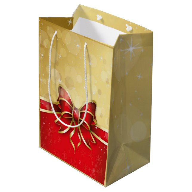 Bolsa De Regalo Mediana Bow rojo con fondo dorado (Angulo reverso)