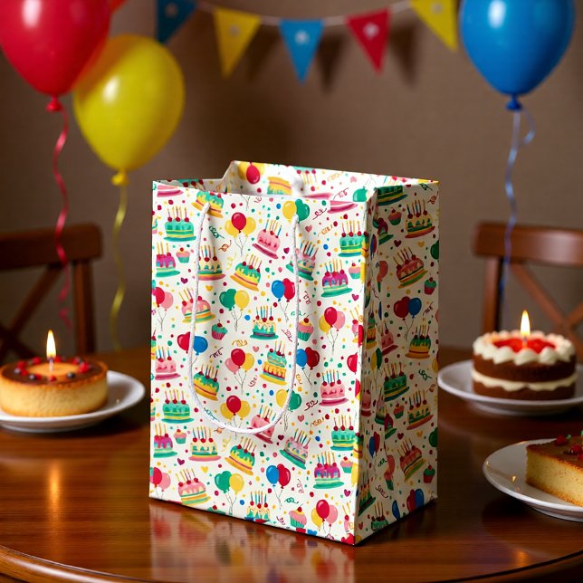 Bolsa De Regalo Mediana Bright Birthday Cakes and Balloons Wrapping Paper (Subido por el creador)