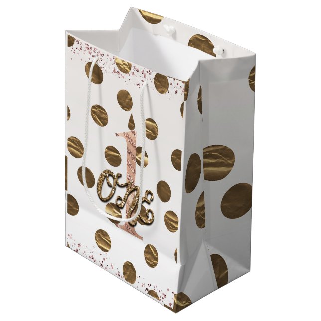 Bolsa De Regalo Mediana Bronze Polka Dots Rosa Oro UNO Primer Cumpleaños (Angulo Anverso)