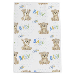 Bolsa De Regalo Mediana Brown Teddy Bear Blue Boy Baby Shower